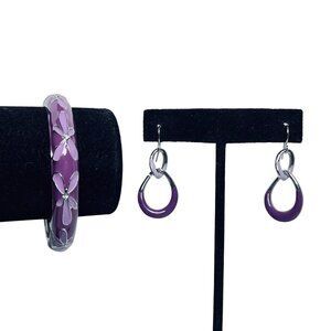 Two Tone Purple Flower Silver Tone Hinged Bracelet & Matching Earrings Set (5586